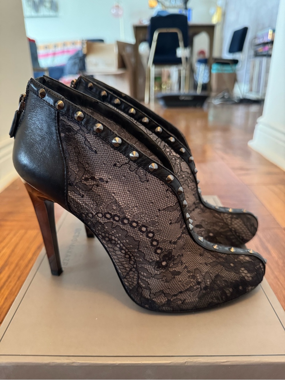 BCBGMaxAzria Black Lace Studded Stiletto Ankle Booties